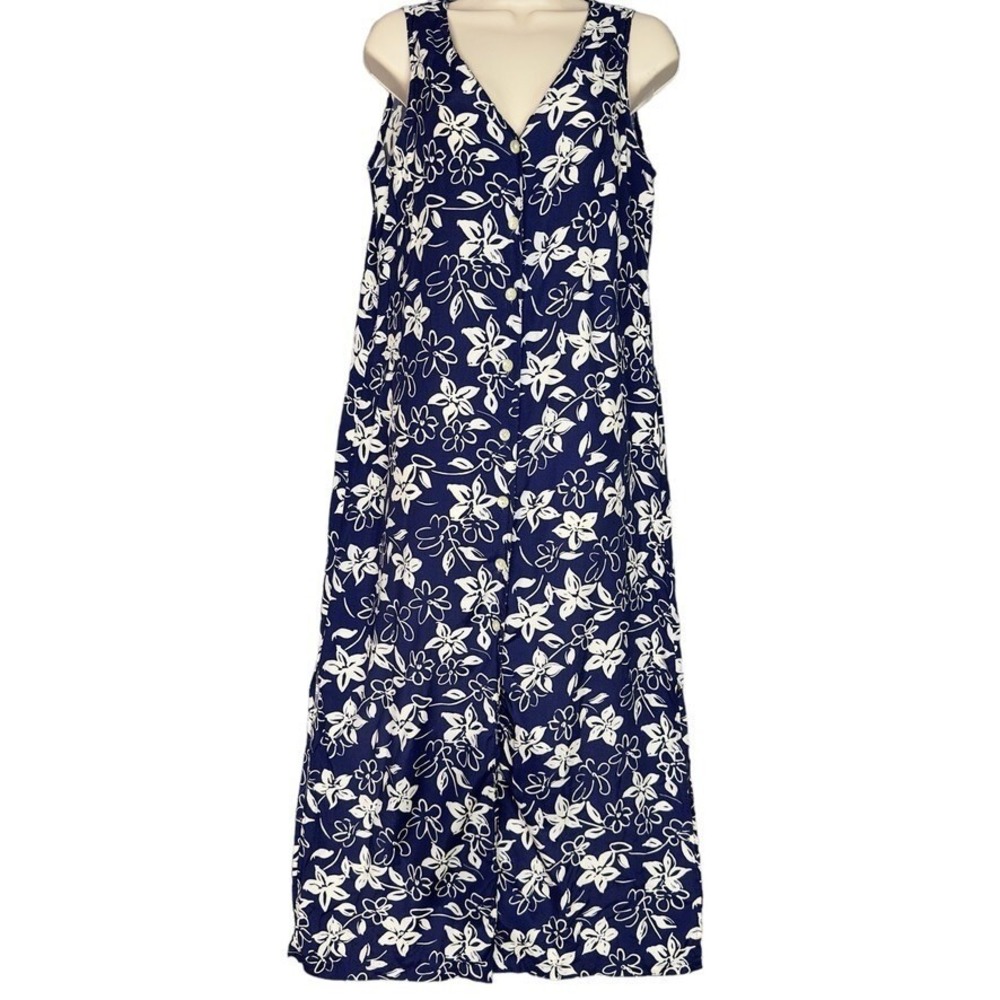 Y2K Old Navy Womens Maxi Dress M Floral Blue White Sleeveless Button Front Beach